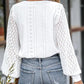 Lace V Neck Lantern Sleeve Eyelet Scalloped Blouse Casual Loose Fit Top