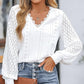 Lace V Neck Lantern Sleeve Eyelet Scalloped Blouse Casual Loose Fit Top