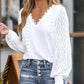 Lace V Neck Lantern Sleeve Eyelet Scalloped Blouse Casual Loose Fit Top