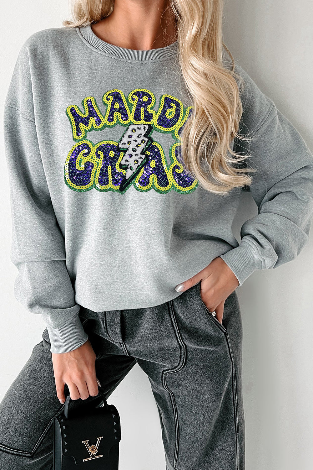 Gray Sequin Mardi Gras Lightening Graphic Pullover Sweatshirt
