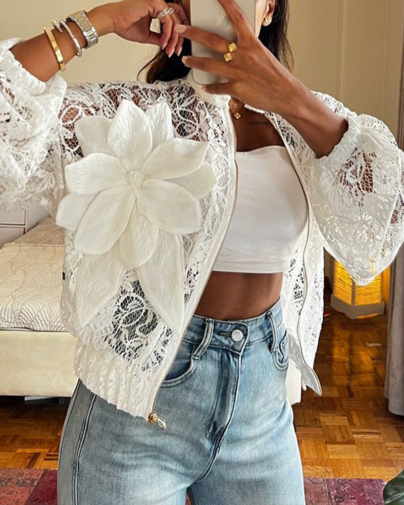 3D Flower Decor Lace See Through Crop Jacket Casual Loose Fit Long Sleeve Coat