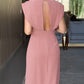 3D Cutting Decor Stand Collar Flutter Sleeve Backless Evening Dress Side Slit Zipper Back Cinched Waist Maxi Dress