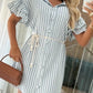 Striped Ruffle Hem Buttoned Shirt Dress