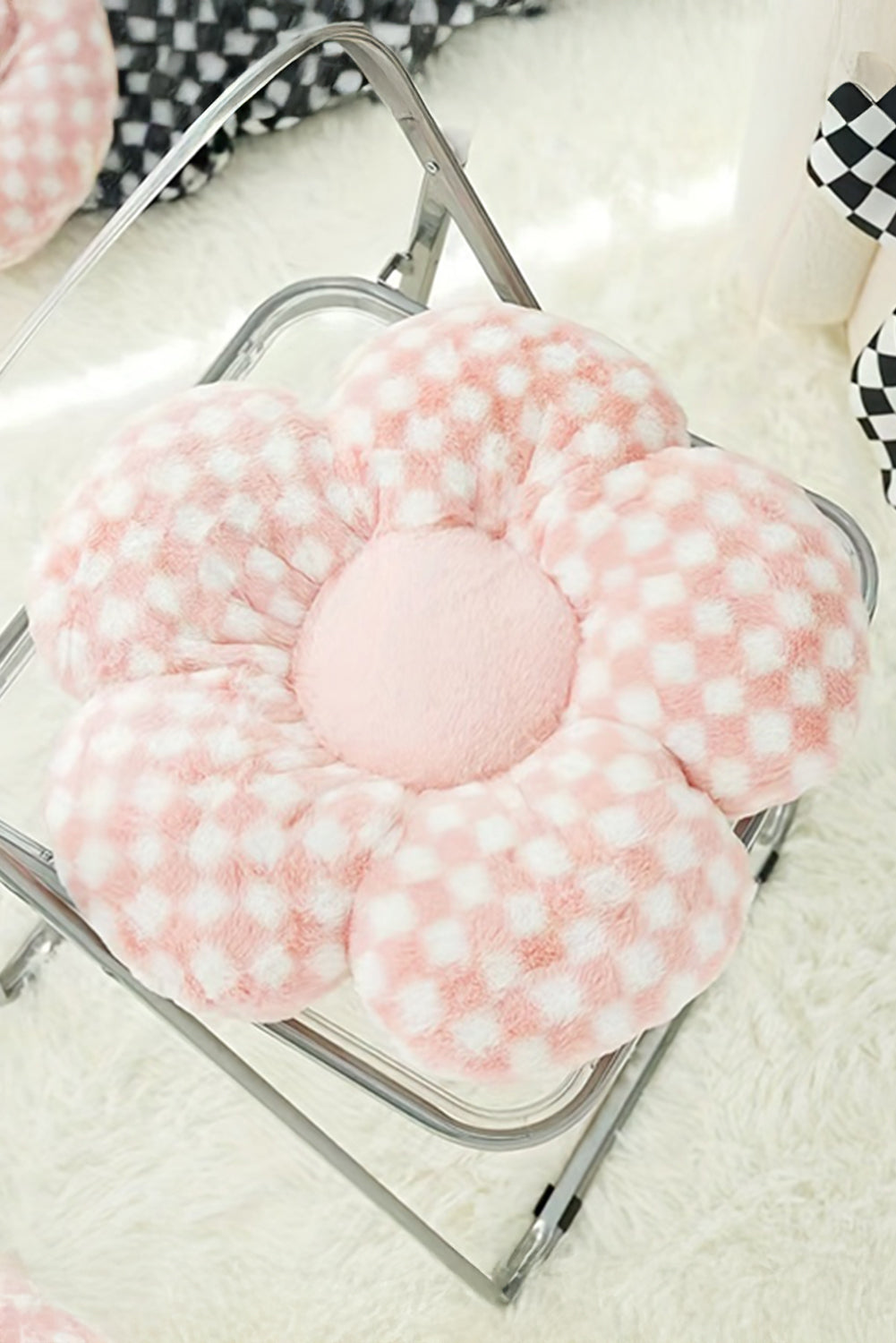 Pink Checkered Flower Shape Soft Sofa Cushion