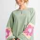 Smoke Green Flower Patchwork Raglan Sleeve Exposed Seam Oversized Top