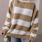 Light French Beige Colorblock Striped Drop Shoulder Side Slit Sweater