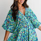 Green Abstract Print Puff Sleeve V Neck High Waist Romper
