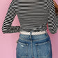 Black Stripe Knit Mock Neck Long Sleeve Slim Top