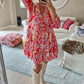 Red Floral Print High Waist V Neck Babydoll Mini Dress