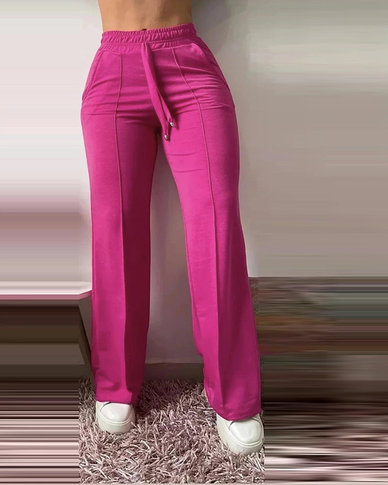High Strechy Waist Drawstring Straight Leg Pants Casual Loose Fit Pants with Pockets