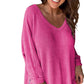 Rose Red Waffle Knit Side Slits Loose Fit V Neck Top