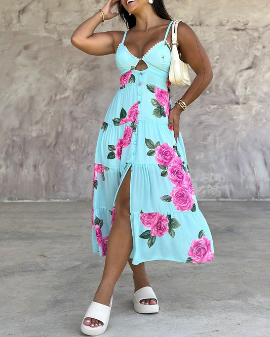 Floral Print Hollow Out Spaghetti Strap Slit Dress