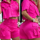 Turn down Collar Flap Detail Buttoned Crop Top & Pocket Design Shorts Set