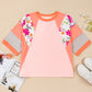 Orange Plus Size Floral Print Patchwork Raglan Half Sleeve Top