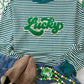 Green Stripe Chenille Lucky Letter Patched Drop Shoulder Long Sleeve Top