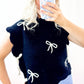 Black Bow Print Side Ties Scalloped Hem Sweater T Shirt