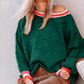 Blackish Green Colorblock Striped Trim Drop Shoulder Sweater
