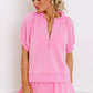 Pink Half Zip Puff Sleeve Top and Ruffled Shorts Set
