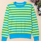 Green Stripe Crew Neck Drop Shoulder Casual Sweater