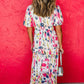 Rose Abstract Print Short Puff Sleeve Tiered Maxi Dress
