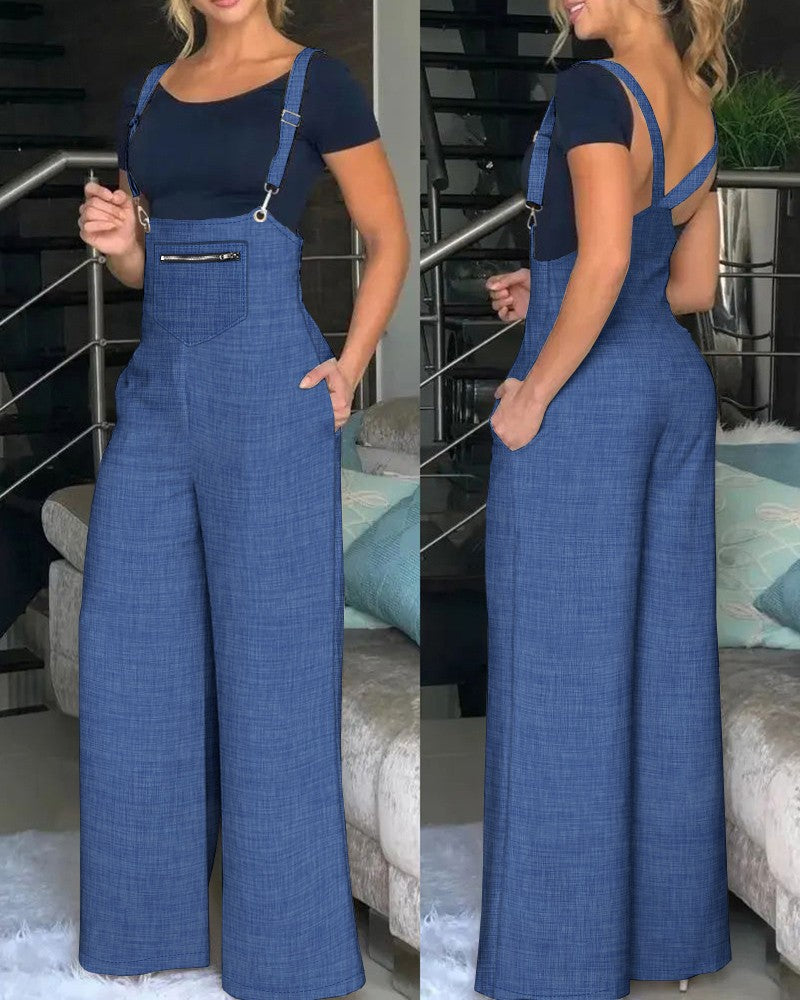 Pocket Design Wide Leg Suspender Jumpsuit