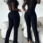 Elegant Mesh See Through Long Sleeve Jumpsuits Contrast Lace Sequin Patch Casual Overalls