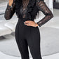 Elegant Mesh See Through Long Sleeve Jumpsuits Contrast Lace Sequin Patch Casual Overalls