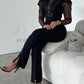 Elegant Mesh See Through Long Sleeve Jumpsuits Contrast Lace Sequin Patch Casual Overalls