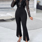 Elegant Mesh See Through Long Sleeve Jumpsuits Contrast Lace Sequin Patch Casual Overalls