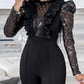 Elegant Mesh See Through Long Sleeve Jumpsuits Contrast Lace Sequin Patch Casual Overalls