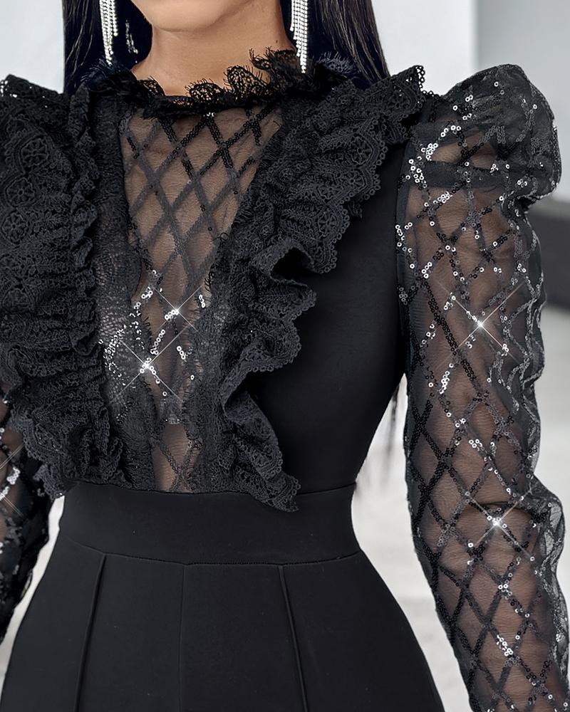 Elegant Mesh See Through Long Sleeve Jumpsuits Contrast Lace Sequin Patch Casual Overalls