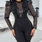Elegant Mesh See Through Long Sleeve Jumpsuits Contrast Lace Sequin Patch Casual Overalls