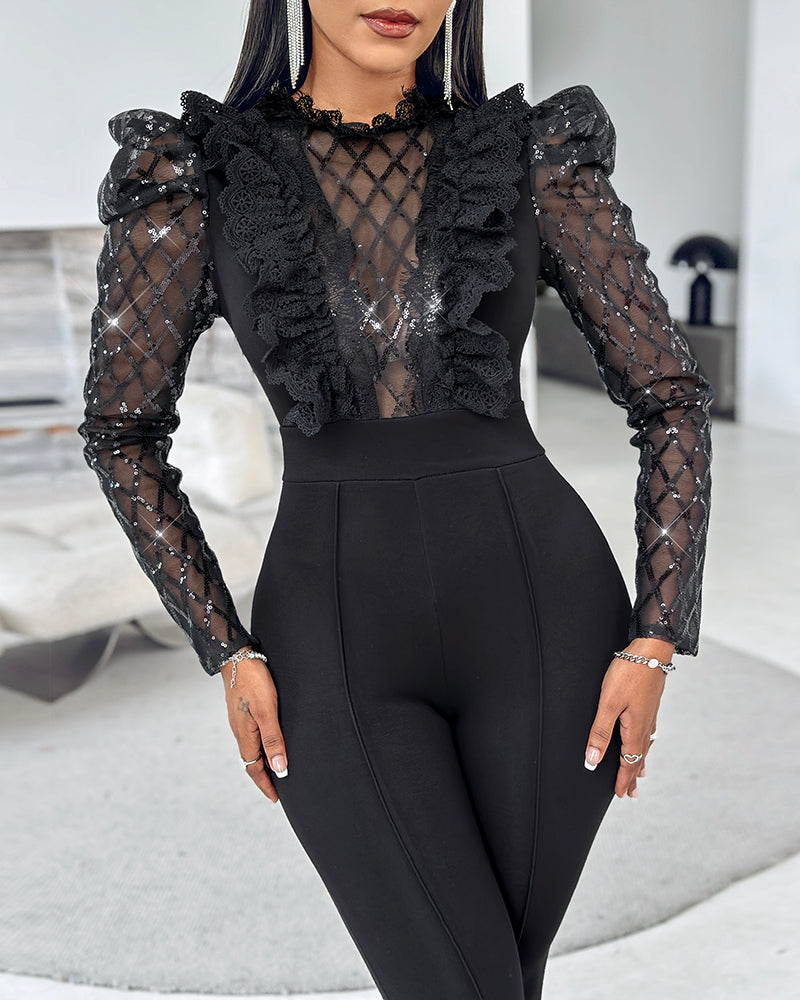 Elegant Mesh See Through Long Sleeve Jumpsuits Contrast Lace Sequin Patch Casual Overalls