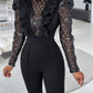 Elegant Mesh See Through Long Sleeve Jumpsuits Contrast Lace Sequin Patch Casual Overalls