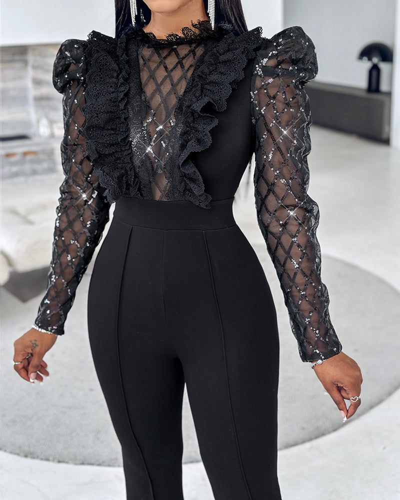 Elegant Mesh See Through Long Sleeve Jumpsuits Contrast Lace Sequin Patch Casual Overalls