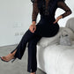 Elegant Mesh See Through Long Sleeve Jumpsuits Contrast Lace Sequin Patch Casual Overalls