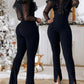 Elegant Mesh See Through Long Sleeve Jumpsuits Contrast Lace Sequin Patch Casual Overalls