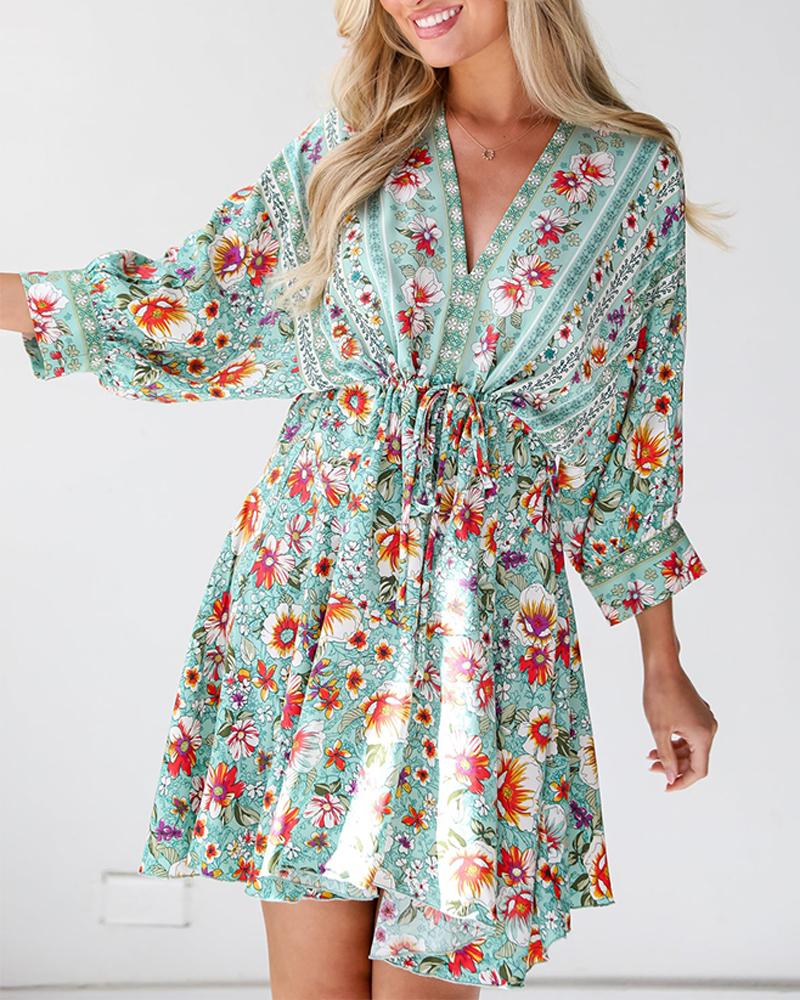 Floral Print Drawstring V Neck Dress