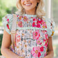 Pink Floral Print Contrast Ruffle Trim Short Sleeve Blouse