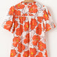 Orange Floral Bubble Sleeve Frill Neck Loose Blouse