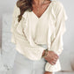 V Neck Shoulder Asymmetrical Ruffles Blouse Casual Button Front Long Sleeve Top