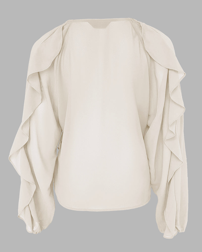 V Neck Shoulder Asymmetrical Ruffles Blouse Casual Button Front Long Sleeve Top