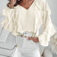 V Neck Shoulder Asymmetrical Ruffles Blouse Casual Button Front Long Sleeve Top