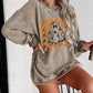 Khaki Checkerboard Floral Ghost Graphic Corded Halloween Sweatshirt