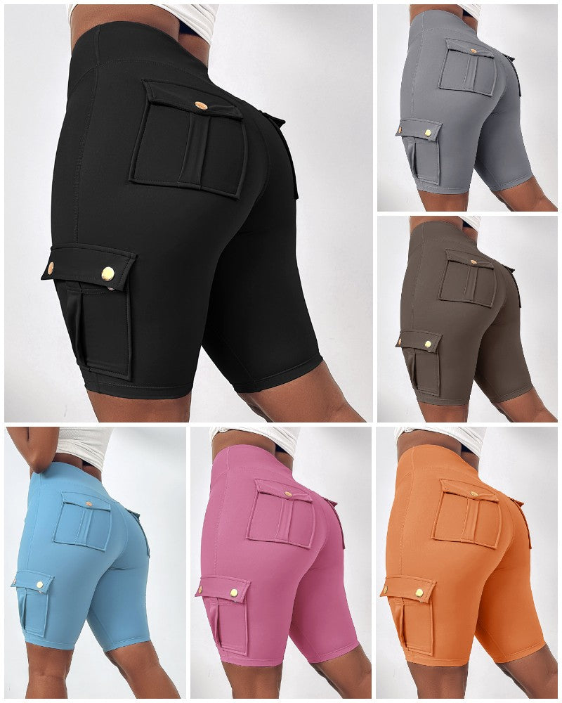 Tummy Control Butt Lifting Active Shorts High Waist Flap Pocket Workout Bermuda Cargo Running Shorts
