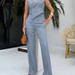 V Neck Sleeveless Button Vest and High Waist Wide Leg Pants Set