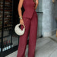 2 Pieces Outfit Spaghetti Strap Button Front Slit Top and Casual Wide Leg Pants Set