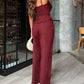 2 Pieces Outfit Spaghetti Strap Button Front Slit Top and Casual Wide Leg Pants Set