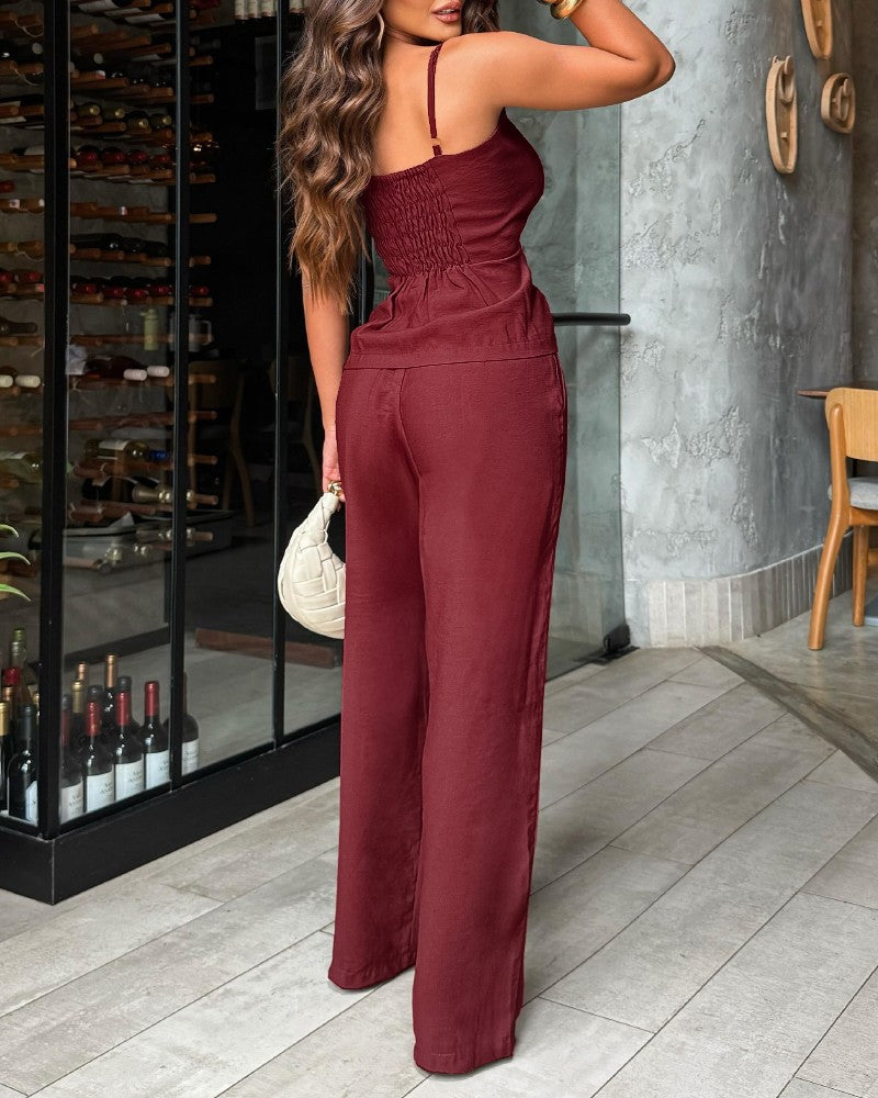 2 Pieces Outfit Spaghetti Strap Button Front Slit Top and Casual Wide Leg Pants Set