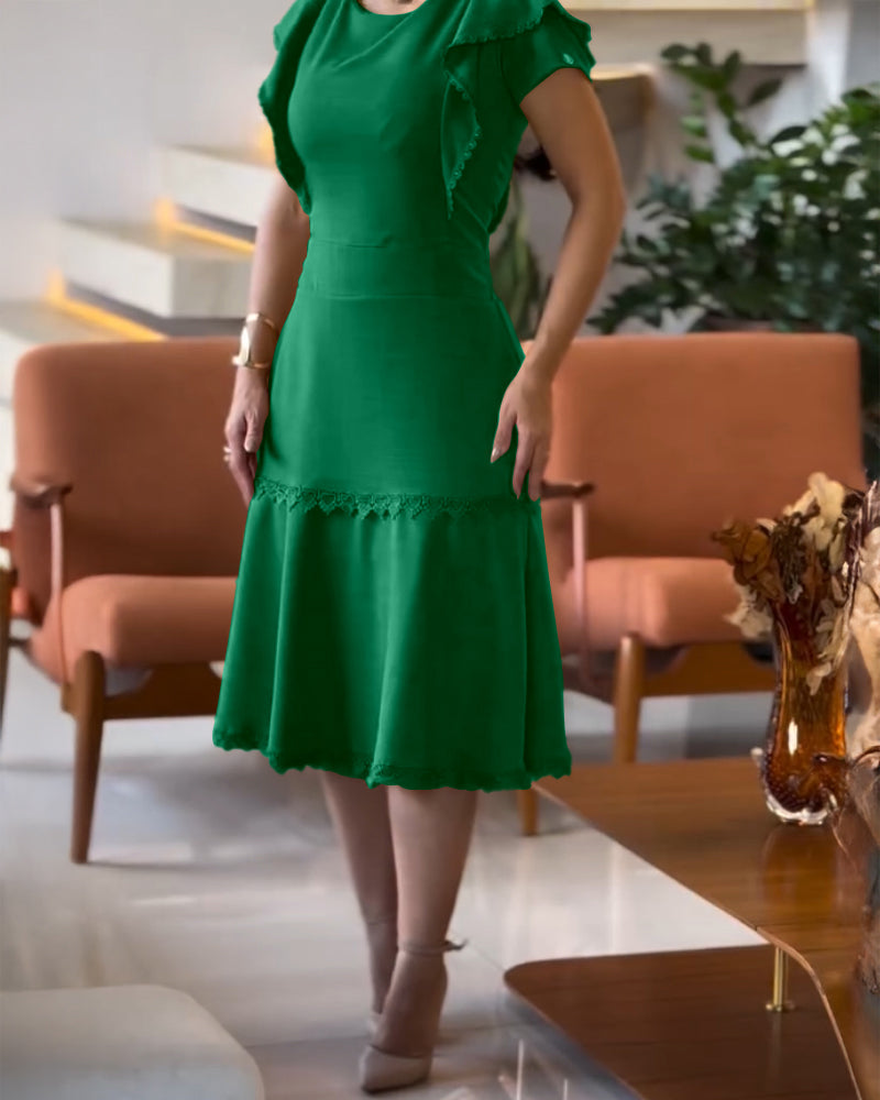 Butterfly Sleeve Hollow out Back Shirred Work Dress Casual Cinched Waist Lace Trim Ruffle Hem Dress